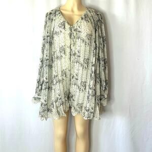 Endless Rose Sheer Pleated Romper Womens S Ivory Black Floral Boho Flowing